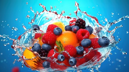 Fototapeta na wymiar Colorful berries dessert with orange juice on a blue and white background, creating a splashing effect. generative ai