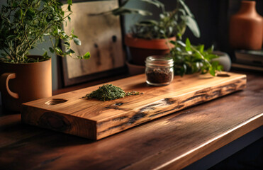 Naklejka na ściany i meble this wooden board is set on top of some green plants