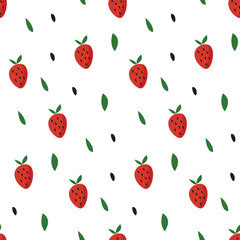 Doodle colorful outline strawberry seamless pattern with green leaves.