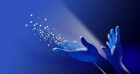 Hands open with magical stars abstract graphic background