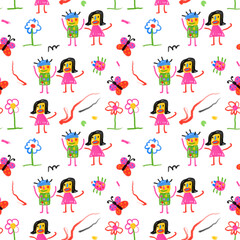 seamless pattern of children's drawings-little men,houses,flowers.Children's doodles with felt-tip pens and pencils.Funny ornament for the nursery.Children's scribbles with freaky dudes.Hippie style	