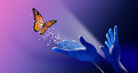 Fototapeta na wymiar Hands coax butterfly and magical stars graphic background