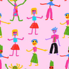 Fototapeta na wymiar seamless pattern of children's drawings-little men,houses,flowers.Children's doodles with felt-tip pens and pencils.Funny ornament for the nursery.Children's scribbles with freaky dudes.Hippie style