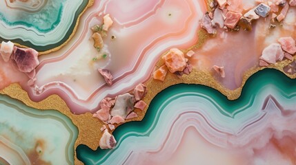 Generative AI, natural volcanic agate stones close-up light pink, green and golden texture. Wallpaper background, quartz marble, decorative rock pattern.