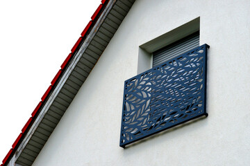 laser railing. elegant isolated laser cut balustrade guard rail. french balcony. white stucco wall...