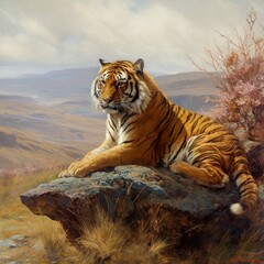 Portrait of a tiger in a landscape of mountains 