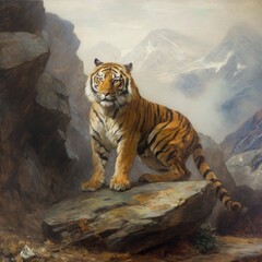 Portrait of a tiger in a landscape of mountains 