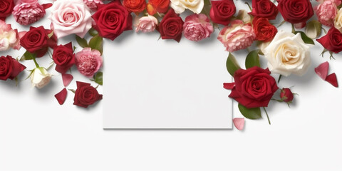 Blank white card in the center, surrounded by rose and magnolia petals, white background top view, AI Generated