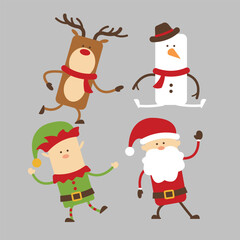 Cute cartoon characters have santa claus, reindeer, snowman and elf, Vector