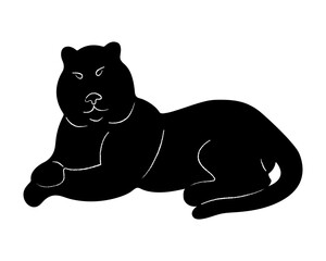 Lying tiger silhouette. Doodle black and white vector illustration.