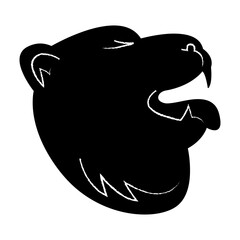 Bear head silhouette with open mouth. Doodle black and white vector illustration.