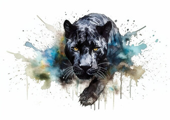 Watercolor abstract illustration black panther.Black panther in action colorful paint splash, isolated on white background.Generative AI.