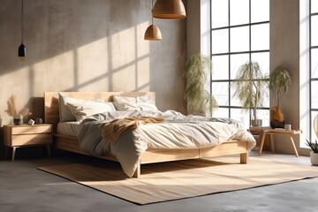 cozy modern natural bedroom with wooden bed, white and brown blanket and pillow, sunlight from window, on grey wall, concrete floor with rug,plant, trees, for interior design background, generative AI