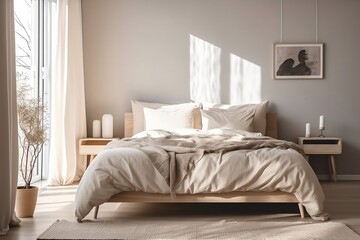 Fototapeta na wymiar cozy modern scandi style bedroom with wooden bed, white and beige blanket and pillow, sunlight from window, cream curtain on grey wall with art, plant, for interior design background, generative AI