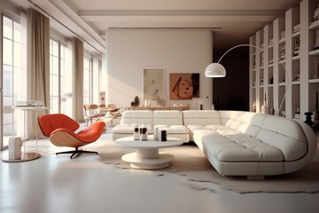 Stylish modern bauhaus style compostion at living room interior with design white sofa, orange armchair and elegant personal accessories. Home decor, generative AI