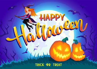 Halloween night background with Moon and redhead sexy witch on a broomstick, bats and Jack O' Lanterns. Vector poster illustration