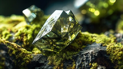 Macro photography of a polished green gemstone. Epidote crystal. Generative AI