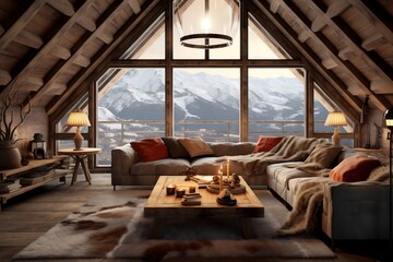 Modern, luxurious alpine style living room with wooden ceiling and floor, big grey sofa with red and yellow pillows,big window with mountain view, carpet, for interior design background, generative AI