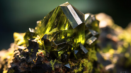 Close up of a raw green gem. Uncut Epidote crystal. Mineral photography. Generative AI