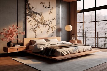 Modern, luxury japandi style bedroom with wooden bed, blanket and pillow, wooden floor with big rug, round lamp, big window, wall art cherry blossom tree, for interior design background, generative AI