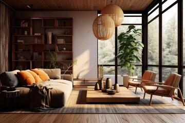 luxury designer japandi living room with grey sofa with orange pillows, wooden floor with big cream carpet, tree and vases and a big window,  for interior design background, AI generated