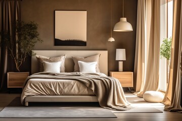 Modern, luxury earthy colored bedroom with beige bed, gray blanket and pillow, white lamp in sunlight from window curtain, brown wall with art, for interior design background, mockup, generative AI