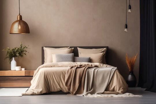 Modern, cozy luxury earthy colored bedroom with wooden bed, gray blanket and pillow, black and copper hanging lamp, brown wall, grey floor, rug, plants, for interior design background, generative AI