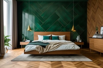 Modern, luxury green bedroom with wooden bed, white blanket and pillow, bedside table, golden lamp in sunlight from window on emerald wall for interior design background, generative AI
