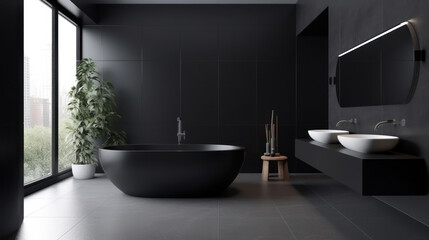 Naklejka na ściany i meble Interior of a Contemporary Bathroom with Dark Tiles