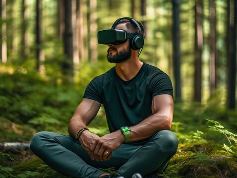 Junge, moderner, sportlicher Mann sitzt mit VR-Brille mitten im Wald, generative AI.