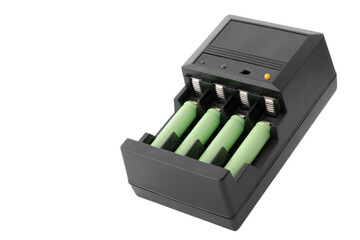 AAA batteries rechargeable in accumulator charger, isolated on a white background