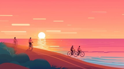 Naklejka na ściany i meble A group of people riding bikes on a beach. Generative AI image.