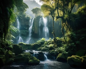 Fototapeta na wymiar Waterfalls in a lush forest Amazonia Landscape - Generative AI