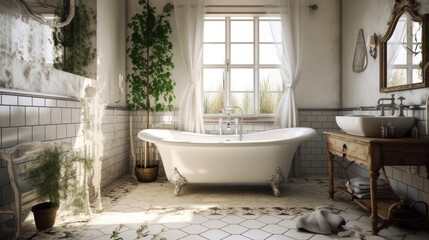 Interior of a French Country Style Bathroom With Light Tiles