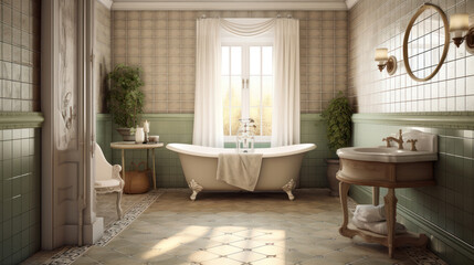 Fototapeta na wymiar Interior of a French Country Style Bathroom With Light Tiles