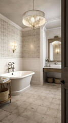 Fototapeta na wymiar Interior of a French Country Style Bathroom With Light Tiles