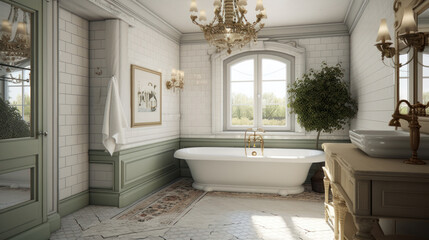 Interior of a French Country Style Bathroom With Light Tiles