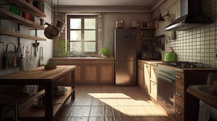 Fototapeta na wymiar Generative AI hyperrealistic portrait small kitchen on apart