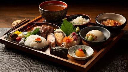 Japanese food : Asia traditional meals, lunch, dinner with a variety of seafood, meat, vegetables, soup and rices on restaurant table for japanese food theme
