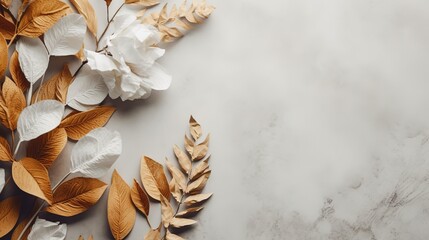 minimalistic design invitation card with beige flowers on light marble background, generative ai beautiful art