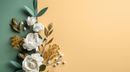 minimalistic design invitation card with beige flowers on light yellow background, generative ai beautiful art