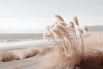 monochromatic beachscape with soft beige colors and pampas grass in motion, generative ai beautiful art