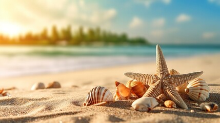 Fototapeta na wymiar perfect beach with seashells, sea star, and crystal clear waters, ideal summer background, generative ai beautiful art