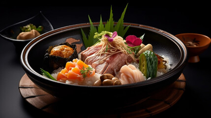 Japanese food : Asia traditional meals, lunch, dinner with a variety of seafood, meat, vegetables, soup and rices on restaurant table for japanese food theme