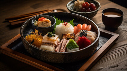 Fototapeta na wymiar Japanese food : sushi set plate a variety of fresh seafood with beautiful decorations. Asia traditional meals, lunch, dinner on restaurant table for japanese food theme