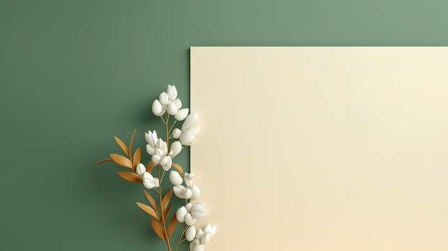 minimalistic beige invitation card with delicate flowers on light green background with copy space, generative ai beautiful art