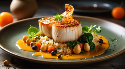  steak seafood plate with scallop and variety of fresh ingredients well flavor on beautiful plate, served on restaurant table background for meals, dinner,  lunch for delicious food theme