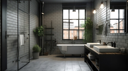Fototapeta na wymiar Interior of a Industrial Style Bathroom with Light Tiles