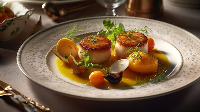  steak seafood plate with scallop and variety of fresh ingredients well flavor on beautiful plate, served on restaurant table background for meals, dinner,  lunch for delicious food theme