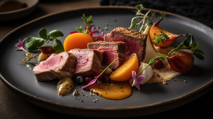 steak grilled medium rare with fresh ingredients well flavor on beautiful plate, served on restaurant table background for meals, dinner,  lunch for delicious food theme